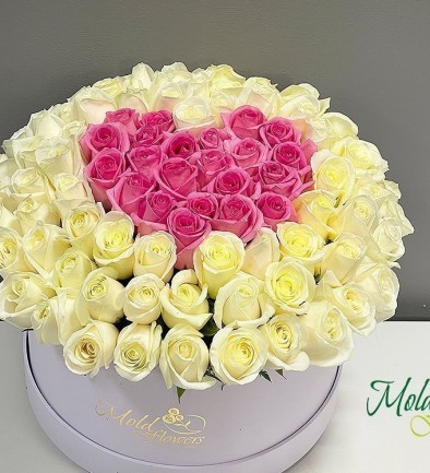 101 бело-розовая роза с сердцем в коробке Фото 394x433